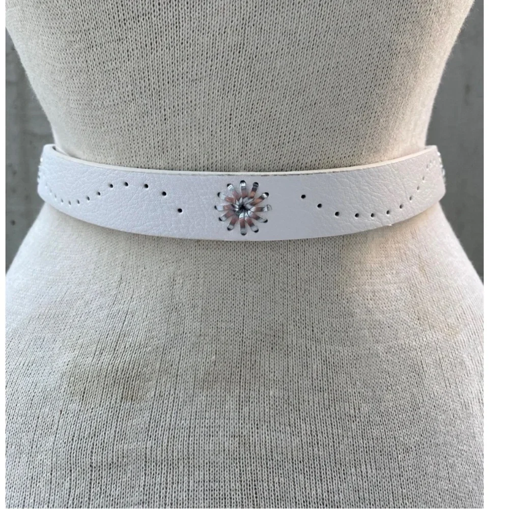 White Belt, Vintage Hole Patterned Belt, Silver Tone Buckle